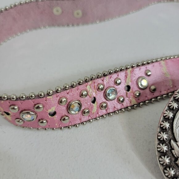 Nocona Girls Pink Leather Cowgirl Belt Sz 22 Horse Foal Silver Oval Belt Western - Picture 2 of 12